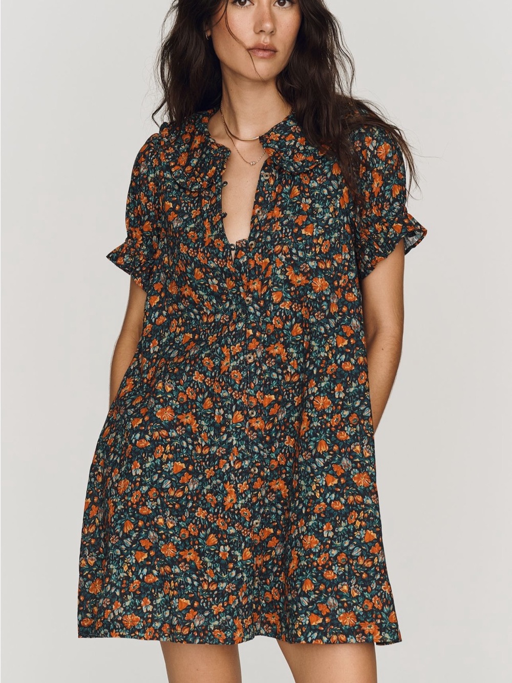 Anthropologie Dark Teal Floral Mini Dress with Orange Blooms
